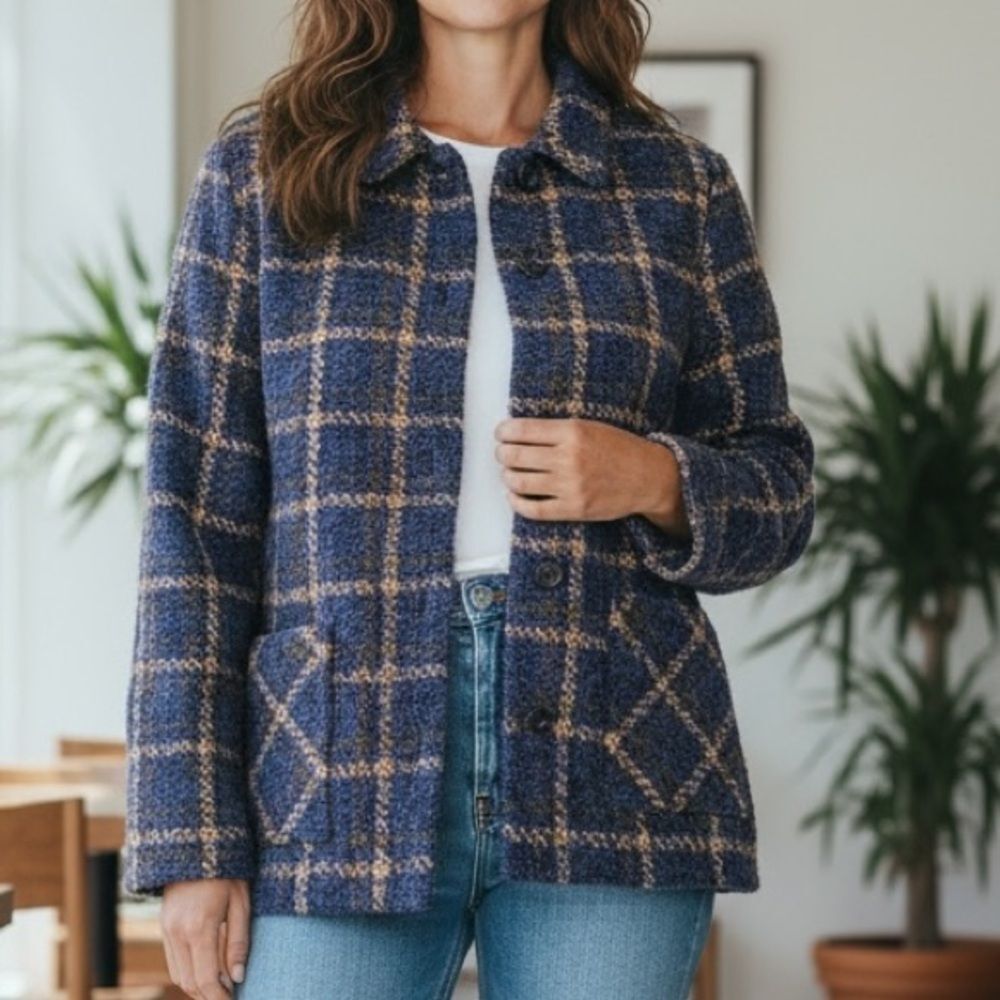 Blarney Woolen Mills Blue Plaid Wool Blend Sh/Jacket Womens Lg Made in Ireland